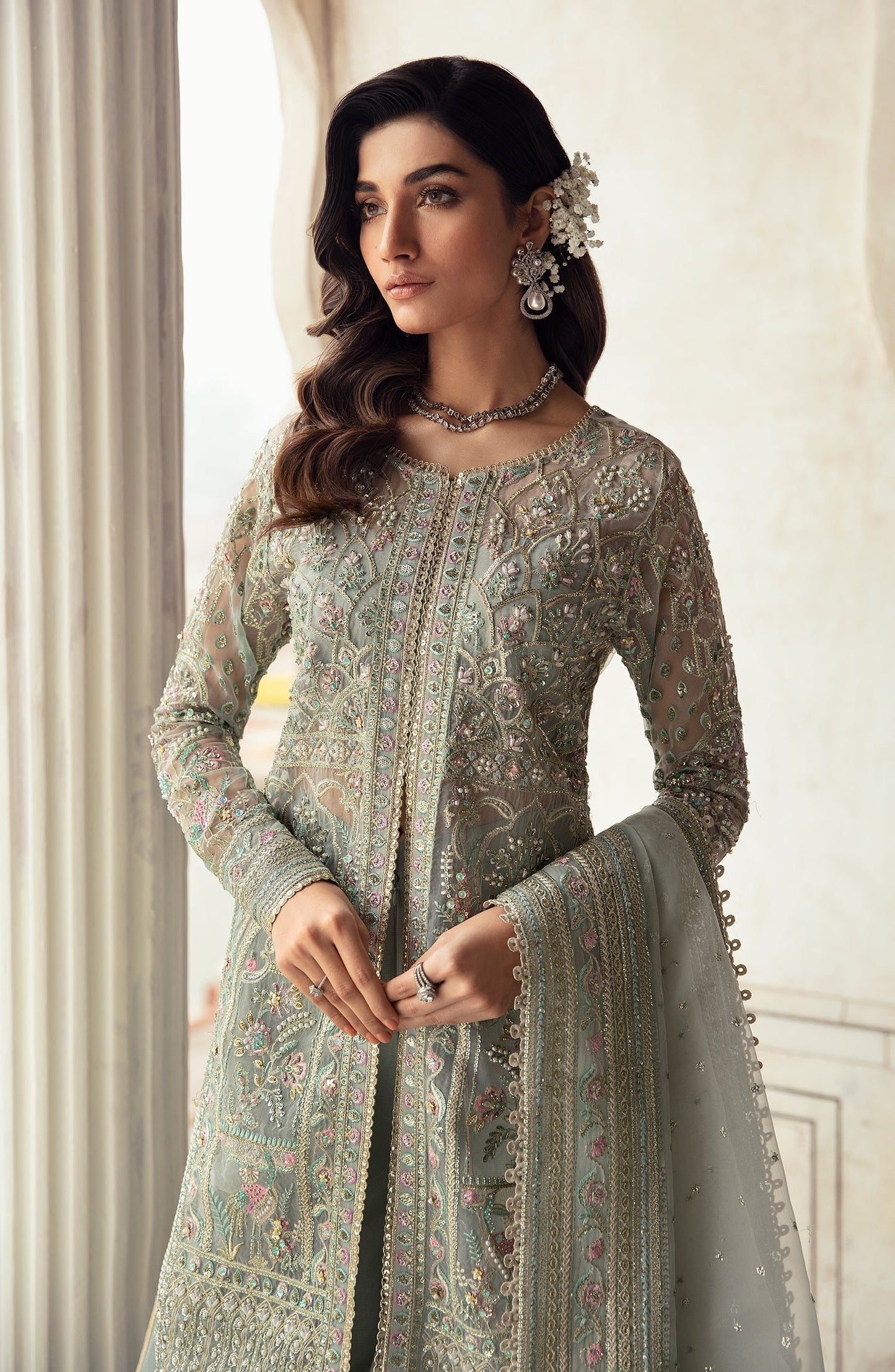 Zevk Afsanah Luxury Embroidered Organza 3Pc Suit - Akks