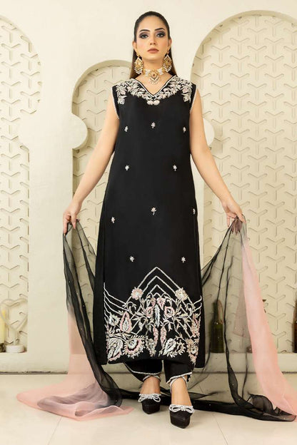 RozaandMina - Black Petunia Shirt and Dupatta - Riwayat-e-khas