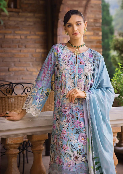 Elaf Premium Print Chikankari Lawn Unstitched 3Pc Suit ECT-03A OCEAN BLUE