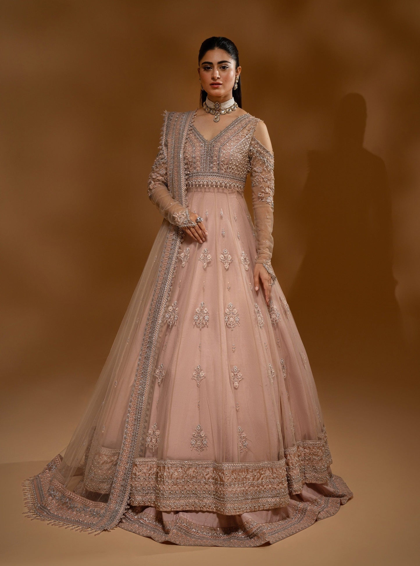 Hemstitch Wedding Formal Net 3Pc Suit WDU-04 Rose - Riwayat-e-khas