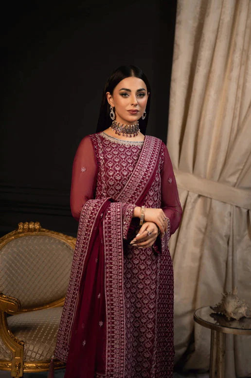 SIFA Valentino Embroidered Chiffon 3 Piece Suit - Dahlia - Riwayat-e-khas