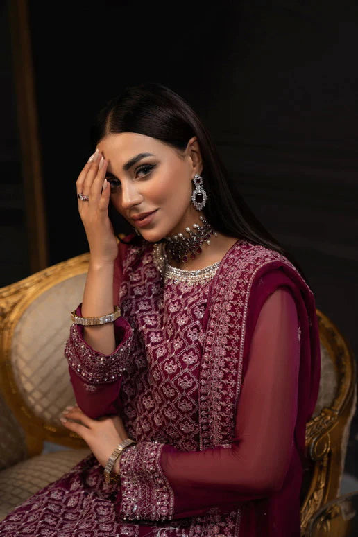 SIFA Valentino Embroidered Chiffon 3 Piece Suit - Dahlia - Riwayat-e-khas