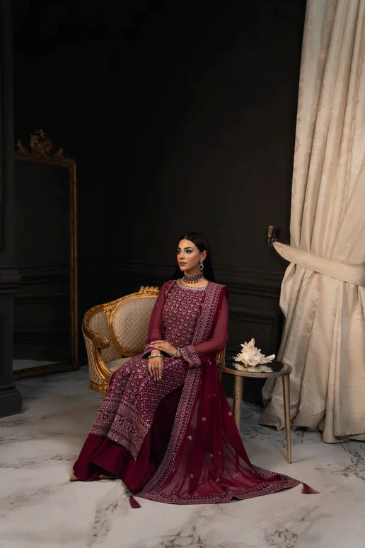 SIFA Valentino Embroidered Chiffon 3 Piece Suit - Dahlia - Riwayat-e-khas