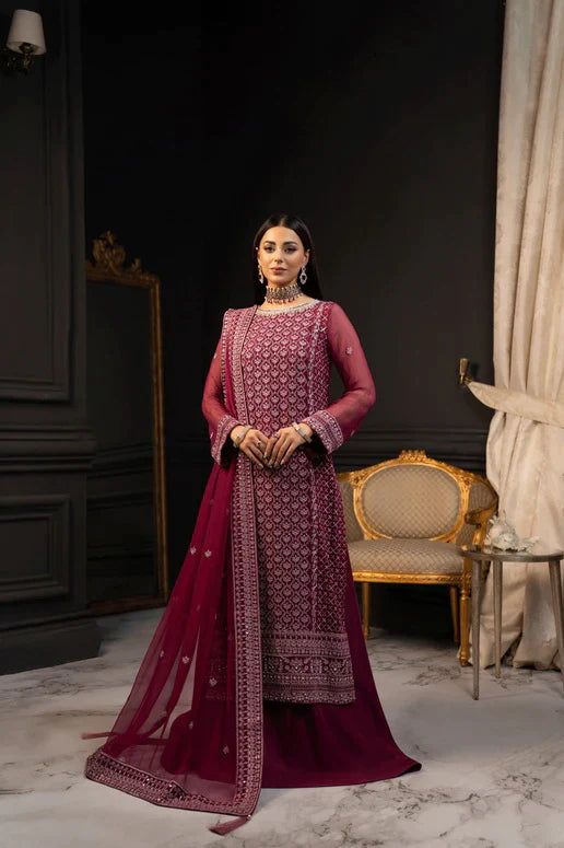 SIFA Valentino Embroidered Chiffon 3 Piece Suit - Dahlia - Riwayat-e-khas