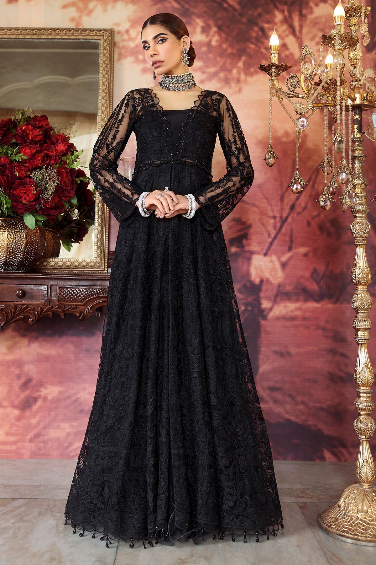 Motifz-2777-BLACK EMBROIDERED SILK NET FABRIC - Riwayat-e-khas