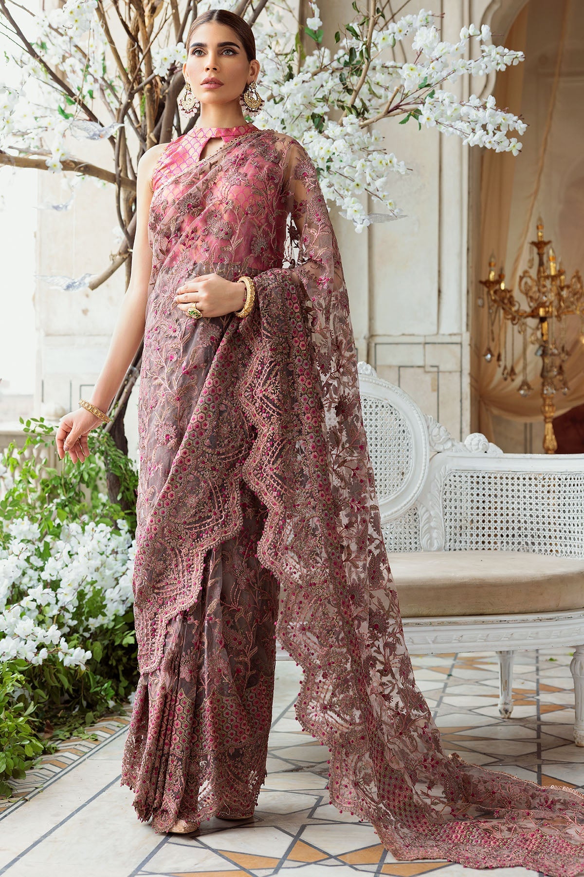 Motifz-3185-BROWN EMBROIDERED SILK NET FABRIC - Riwayat-e-khas