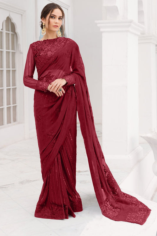 Motifz-4037-RED EMBROIDERED BEMBERG CHIFFON - Riwayat-e-khas