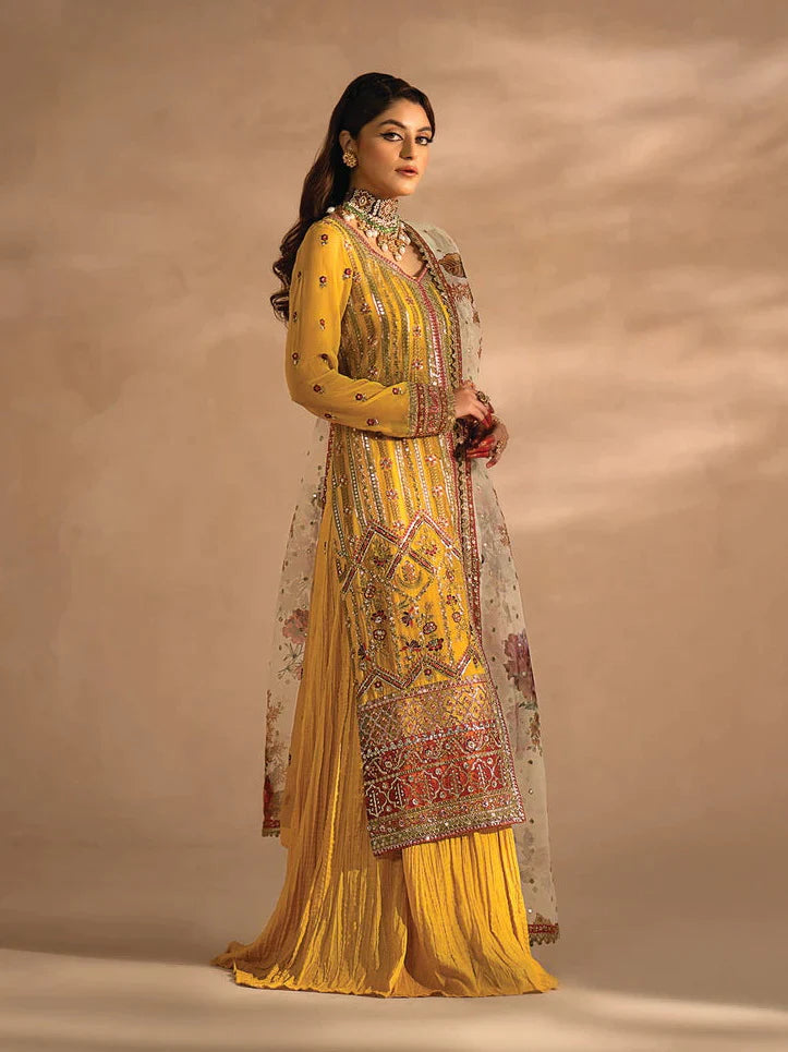 Nayab by Myeesha Embroidered Chiffon Unstitched 3Pc Suit MF23-05 Pukhraaj - Riwayat-e-khas