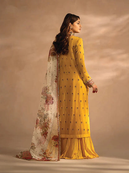 Nayab by Myeesha Embroidered Chiffon Unstitched 3Pc Suit MF23-05 Pukhraaj - Riwayat-e-khas