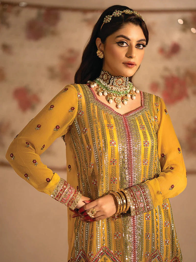 Nayab by Myeesha Embroidered Chiffon Unstitched 3Pc Suit MF23-05 Pukhraaj - Riwayat-e-khas