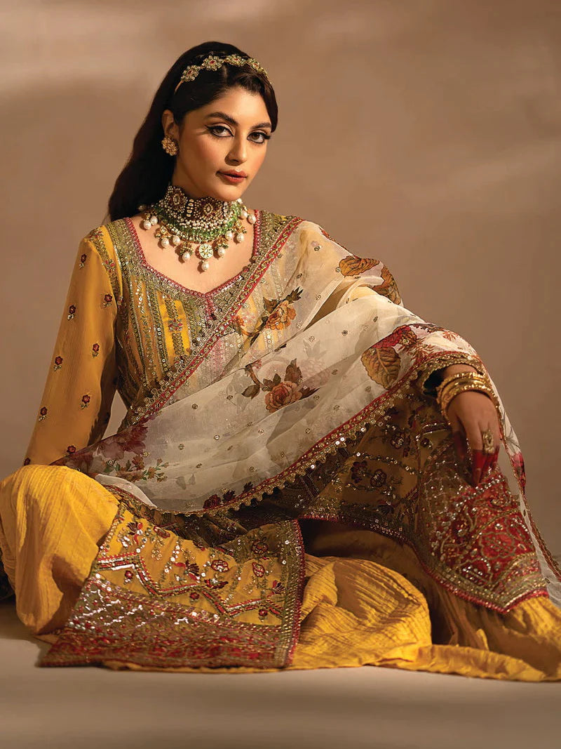 Nayab by Myeesha Embroidered Chiffon Unstitched 3Pc Suit MF23-05 Pukhraaj - Riwayat-e-khas