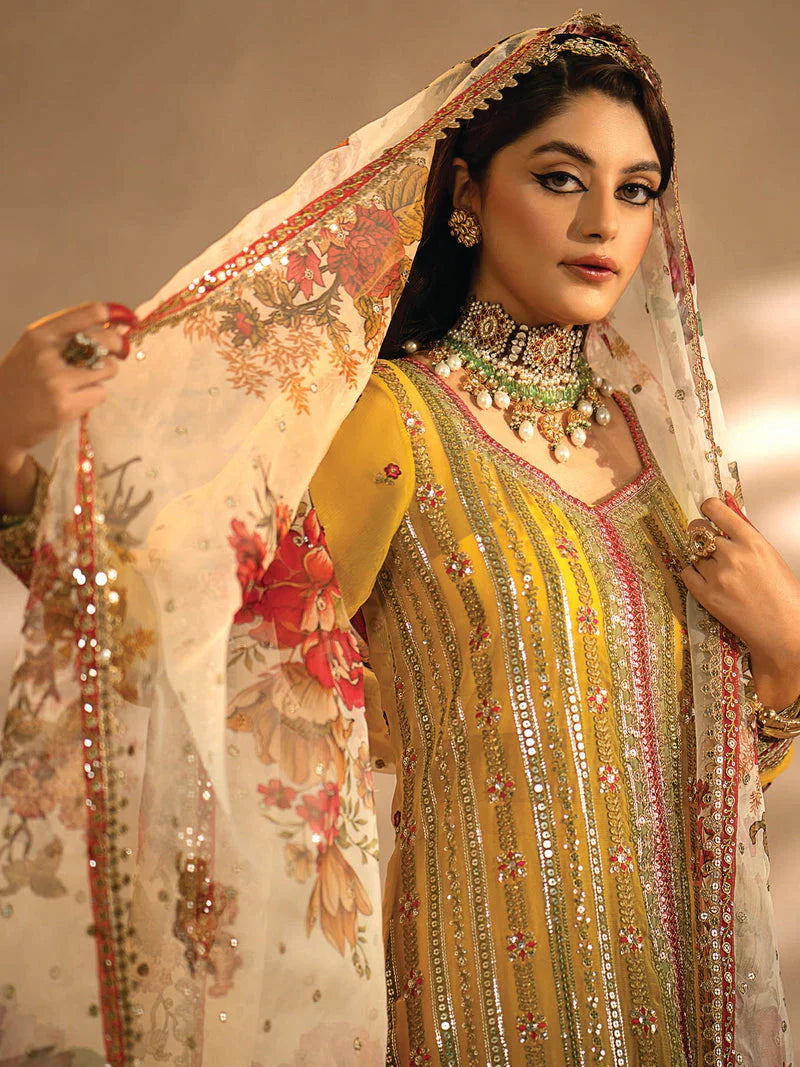 Nayab by Myeesha Embroidered Chiffon Unstitched 3Pc Suit MF23-05 Pukhraaj - Riwayat-e-khas