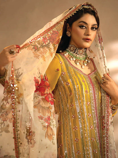 Nayab by Myeesha Embroidered Chiffon Unstitched 3Pc Suit MF23-05 Pukhraaj - Riwayat-e-khas