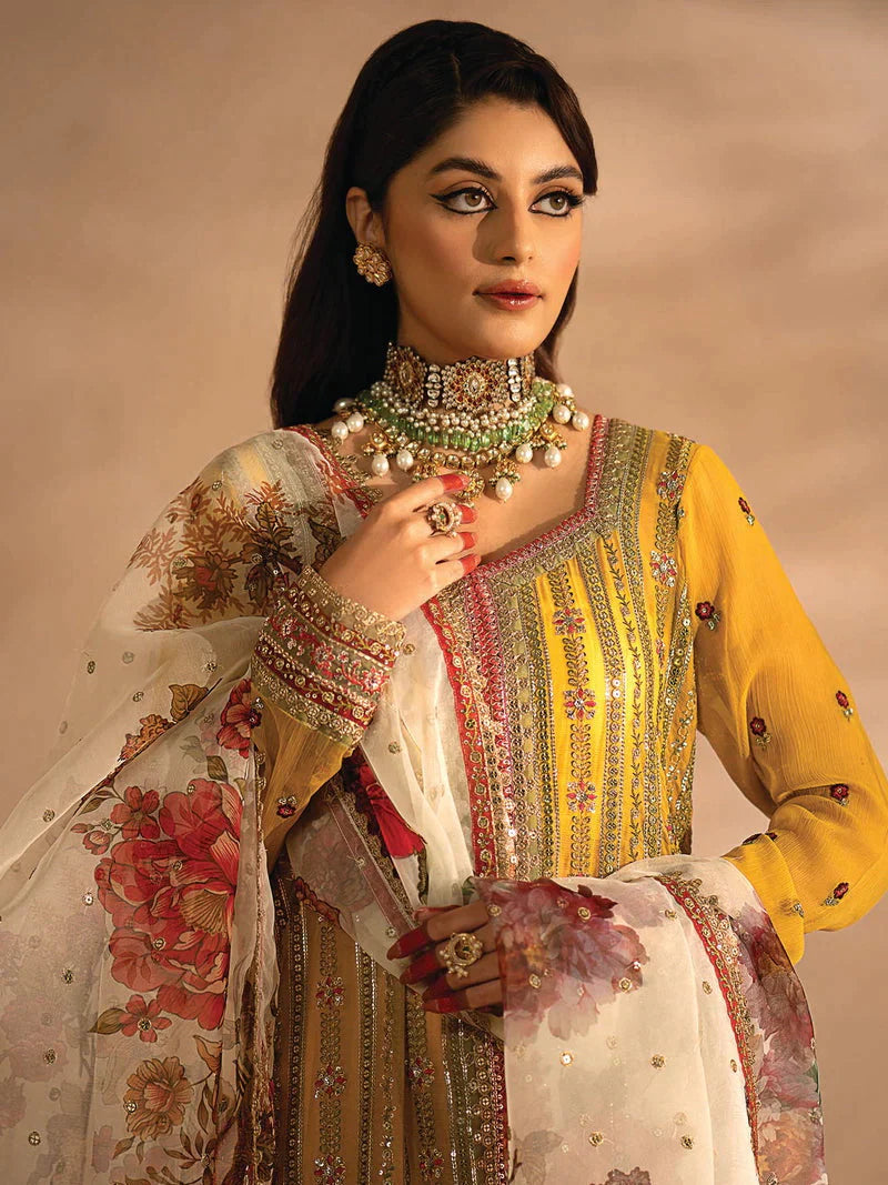 Nayab by Myeesha Embroidered Chiffon Unstitched 3Pc Suit MF23-05 Pukhraaj - Riwayat-e-khas