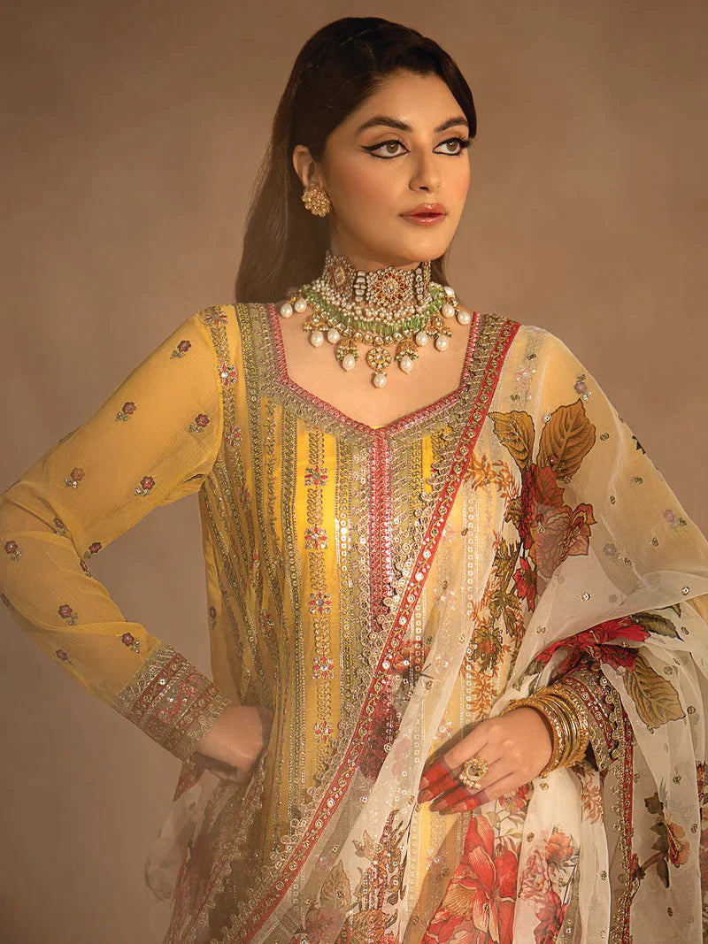 Nayab by Myeesha Embroidered Chiffon Unstitched 3Pc Suit MF23-05 Pukhraaj - Riwayat-e-khas