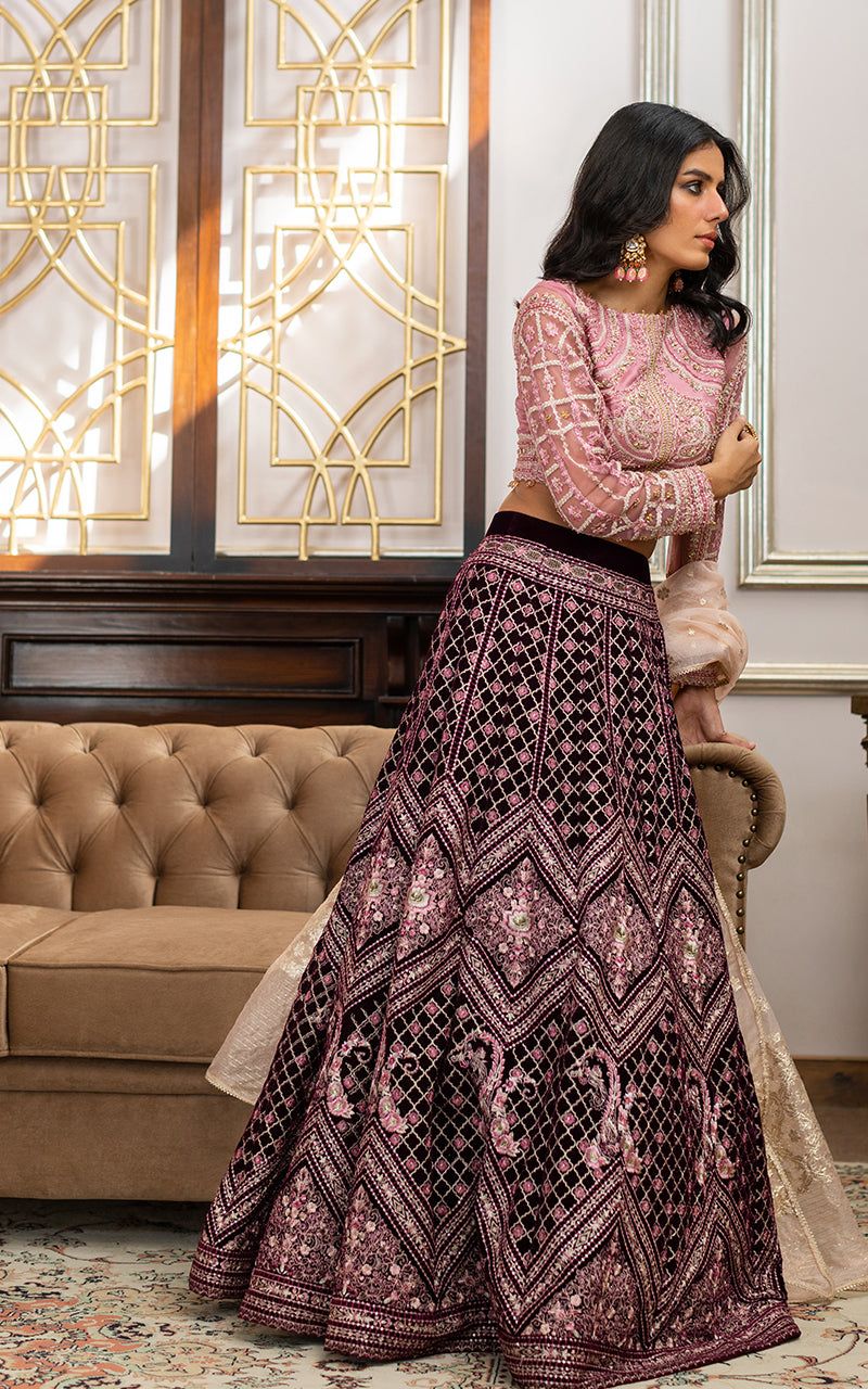 Net Embroidered Blouse and Velvet Lehanga - Riwayat-e-khas