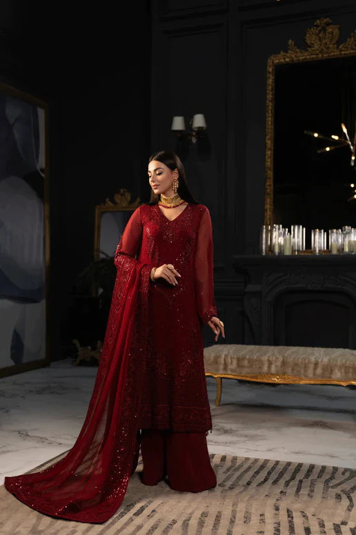 SIFA Valentino Embroidered Chiffon 3 Piece Suit - Winery - Riwayat-e-khas