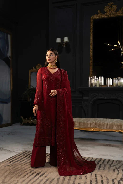 SIFA Valentino Embroidered Chiffon 3 Piece Suit - Winery - Riwayat-e-khas