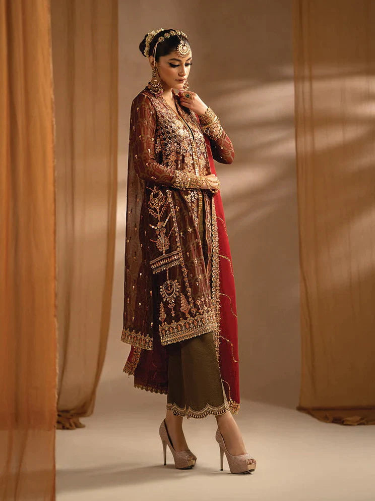 Nayab by Myeesha Embroidered Chiffon Unstitched 3Pc Suit MF23-01 Yaqoot - Riwayat-e-khas