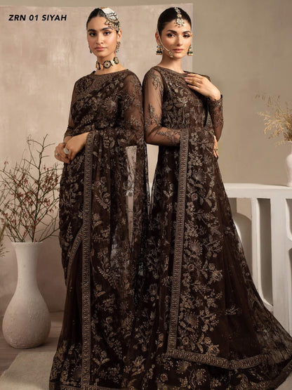 Naqsh by Zarif Unstitched Festive Formal 3 Piece Suit ZRN-01 SIYAH - Riwayat-e-khas